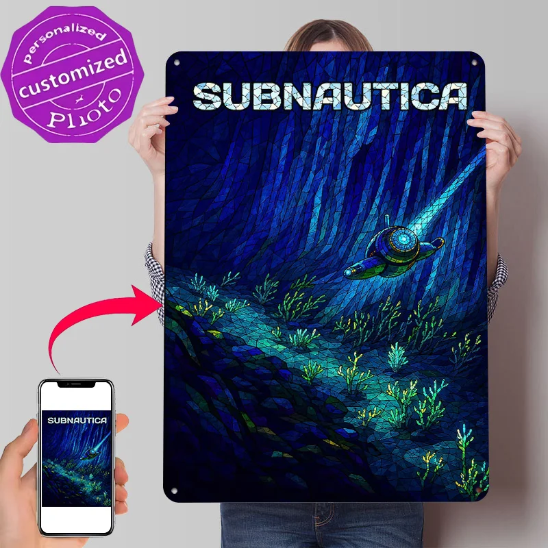 Subnautica Submarine in Deep Blue Ocean Poster Retro 3D Printed Metal Signs Customized Wall Hanging Gift for Desk Decor Room
