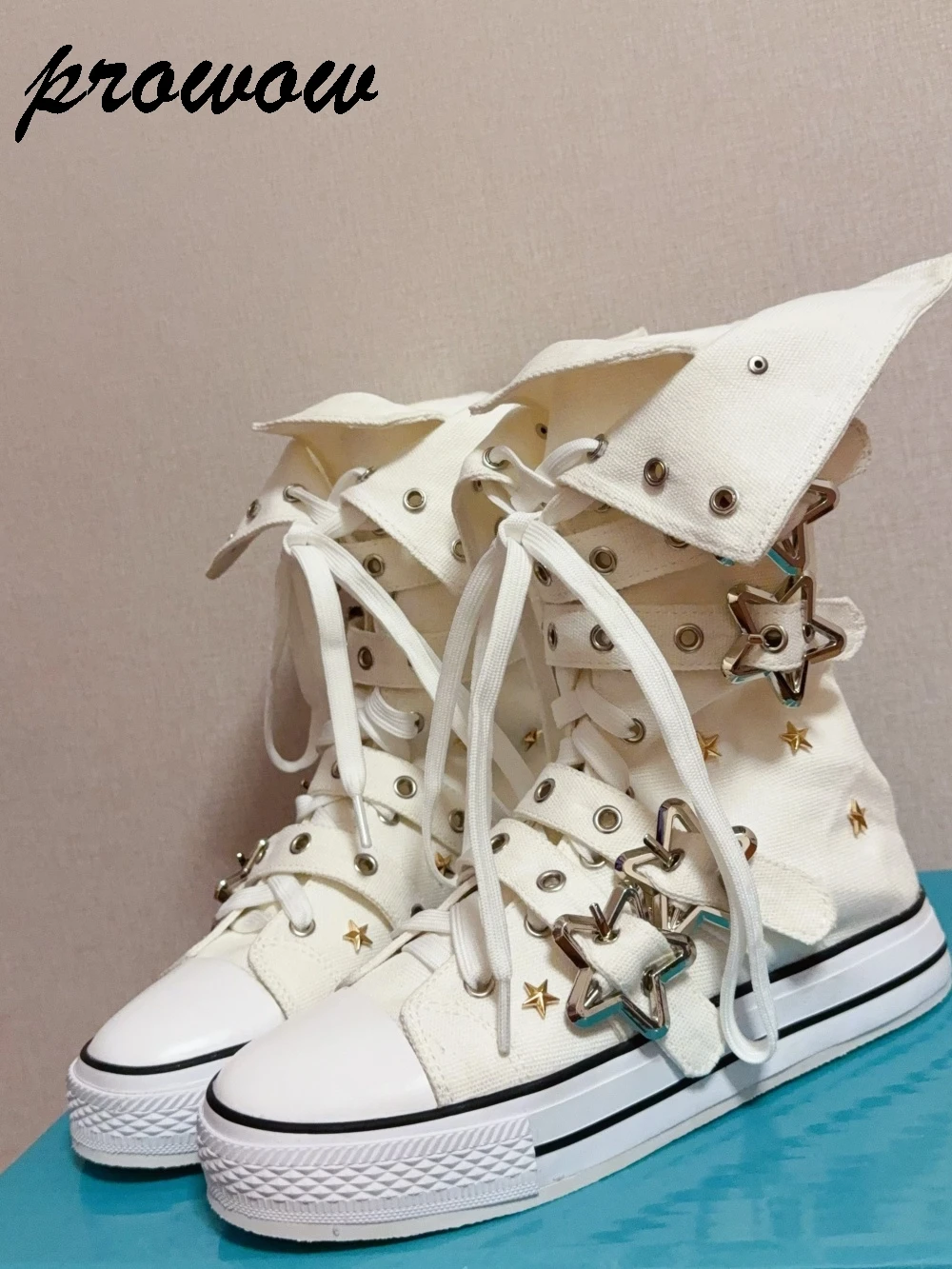 

Новые нишевые модные парусиновые сапоги до колена со звездами и заклепками, женская обувь Zapatos mujer