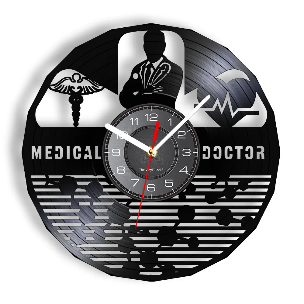 Medical Doctor Hospital Sign MD Symbol Wall Clock Rod of Asclepius Staff of Caduceus Hospital Doctor Office Vinyl Record Clock