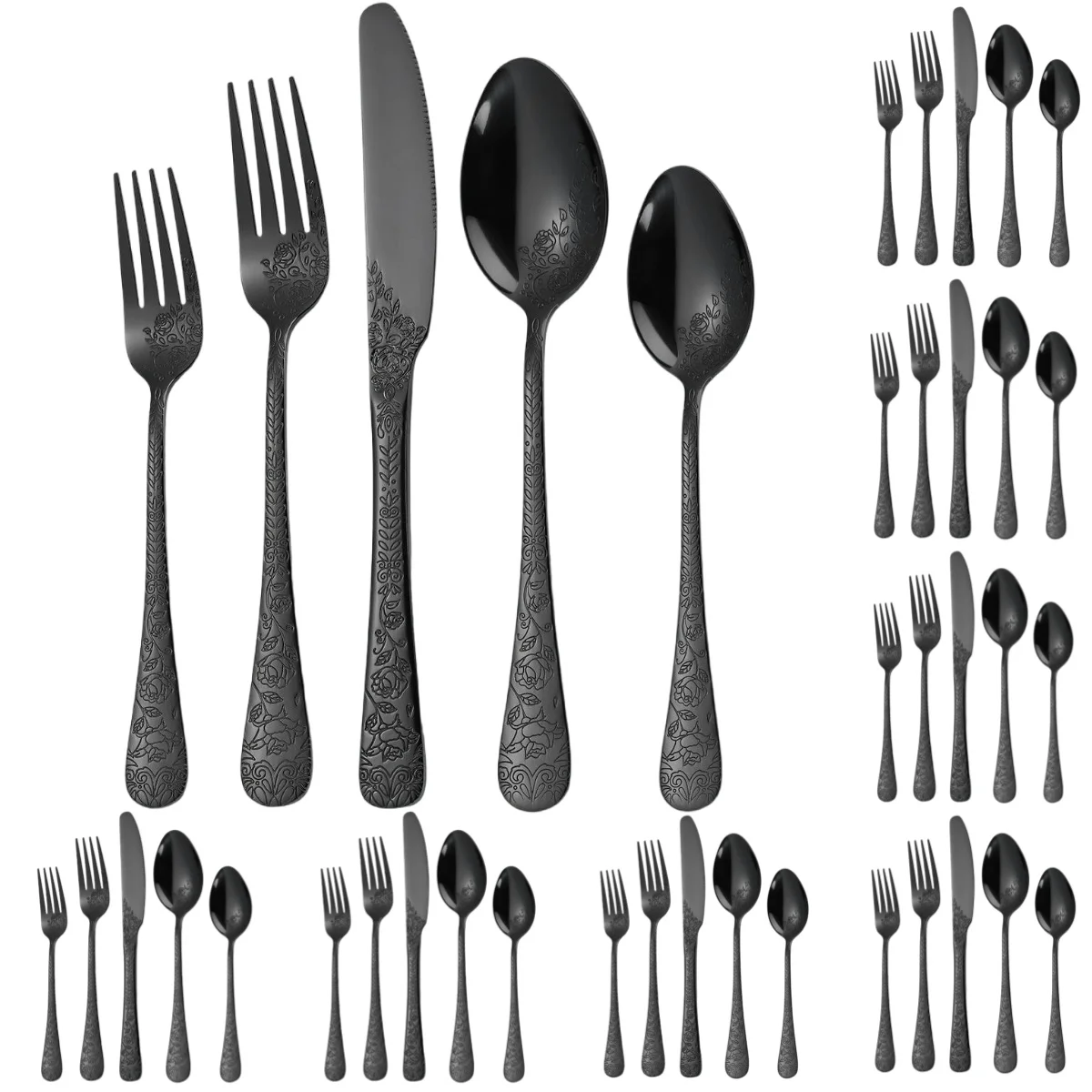 A·HOUSEWARE Black Floral Flatware Set for 8 Stainless Steel Silverware Eating Utensils 40 Pieces Cutlery for Home Kitchen Party