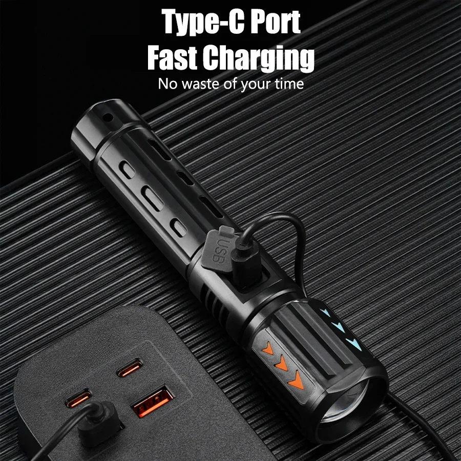 Rechargeable LED Flashlight Built-in Battery Flashlight High Power Waterproof Torch Zoomable Tactical Flashlight with 3 Modes