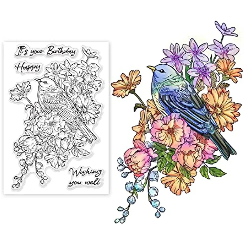 Bird and Flower Transparent Rubber Stamps, It's Your Bairthday Happy Wishes Embossing Stencil for Scrapbooking Album Decorative