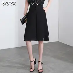 ZUZK Women Floral Chiffon Short Pants Summer Cool Fashion Elastic Wiast Knee-length Pants Elegant Loose Wide Leg Skorts 7Colors