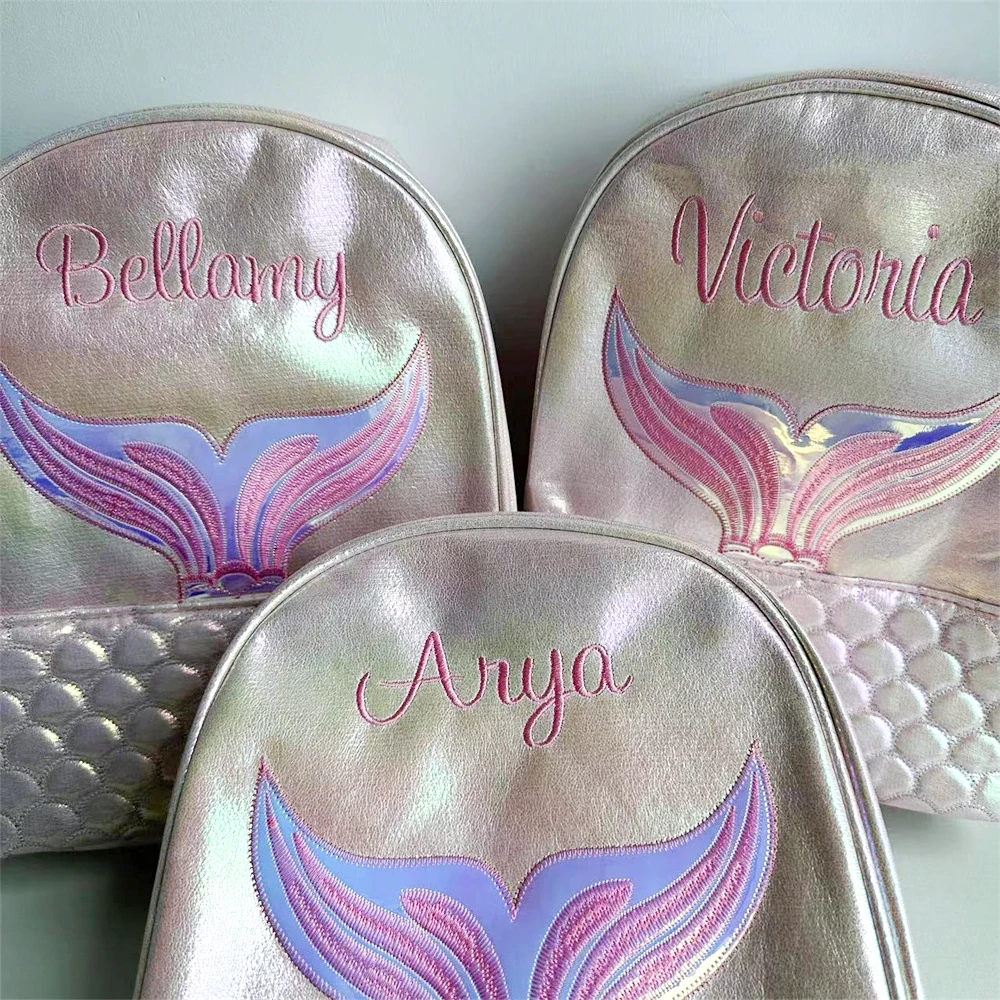 Kids Mermaid Embroidered Name Backpack Girl's Travel Backpack Large Capacity Personalized Custom Your Name Gift Mermaid Backpack