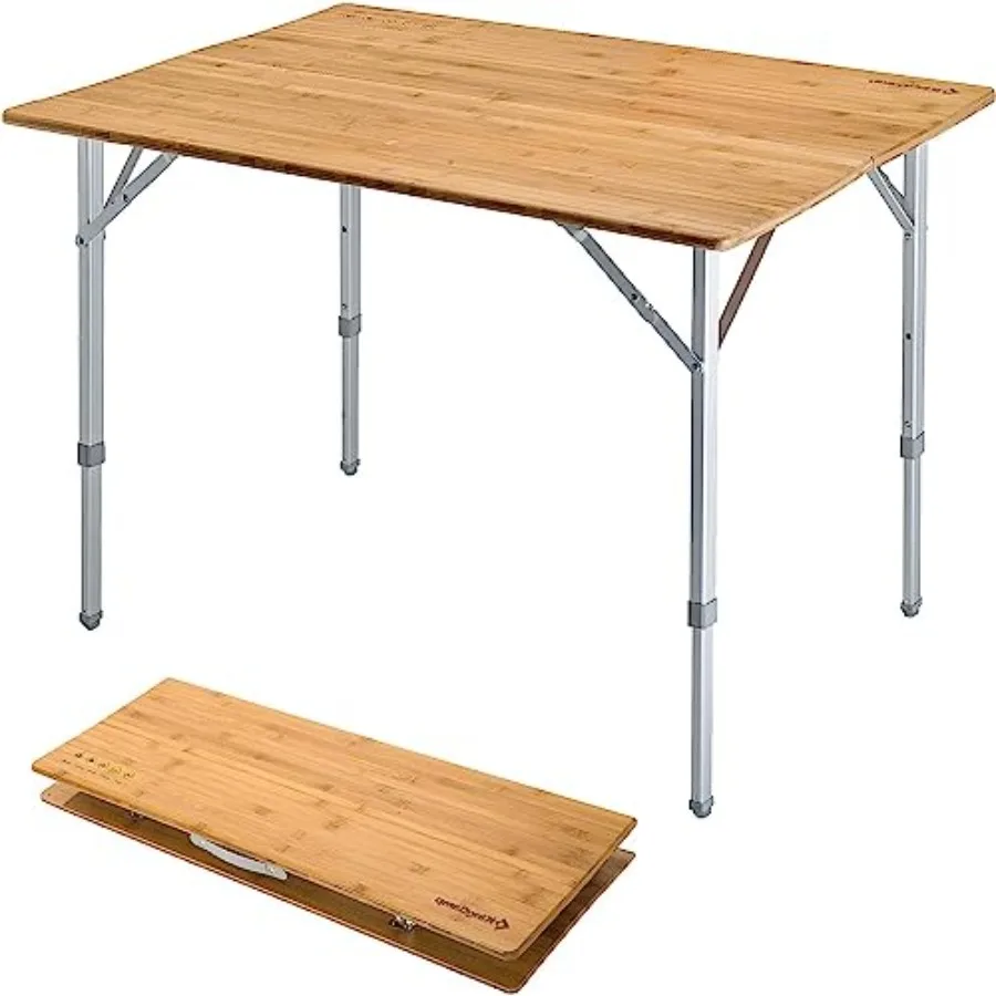 Bamboo Folding Camping Table with Adjustable Height Aluminum Legs 2Folds Portable Camp Tables for Travel Picnic 46 Peo