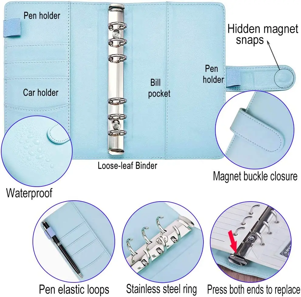 2 Pieces A6 PU Leather Notebook Refillable Budget Binder for A6 Filler Paper,Personal Planner Binder Cover with Magnetic Buckle