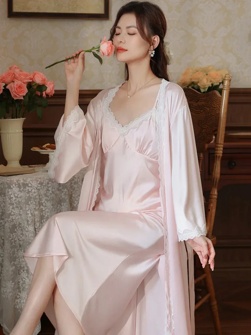 Long Sleeve Robe Nightdress Pajamas Two Piece Sets Women Spring Silk Vintage Princess Nightgowns Chest Pads Sleepwear Clothing