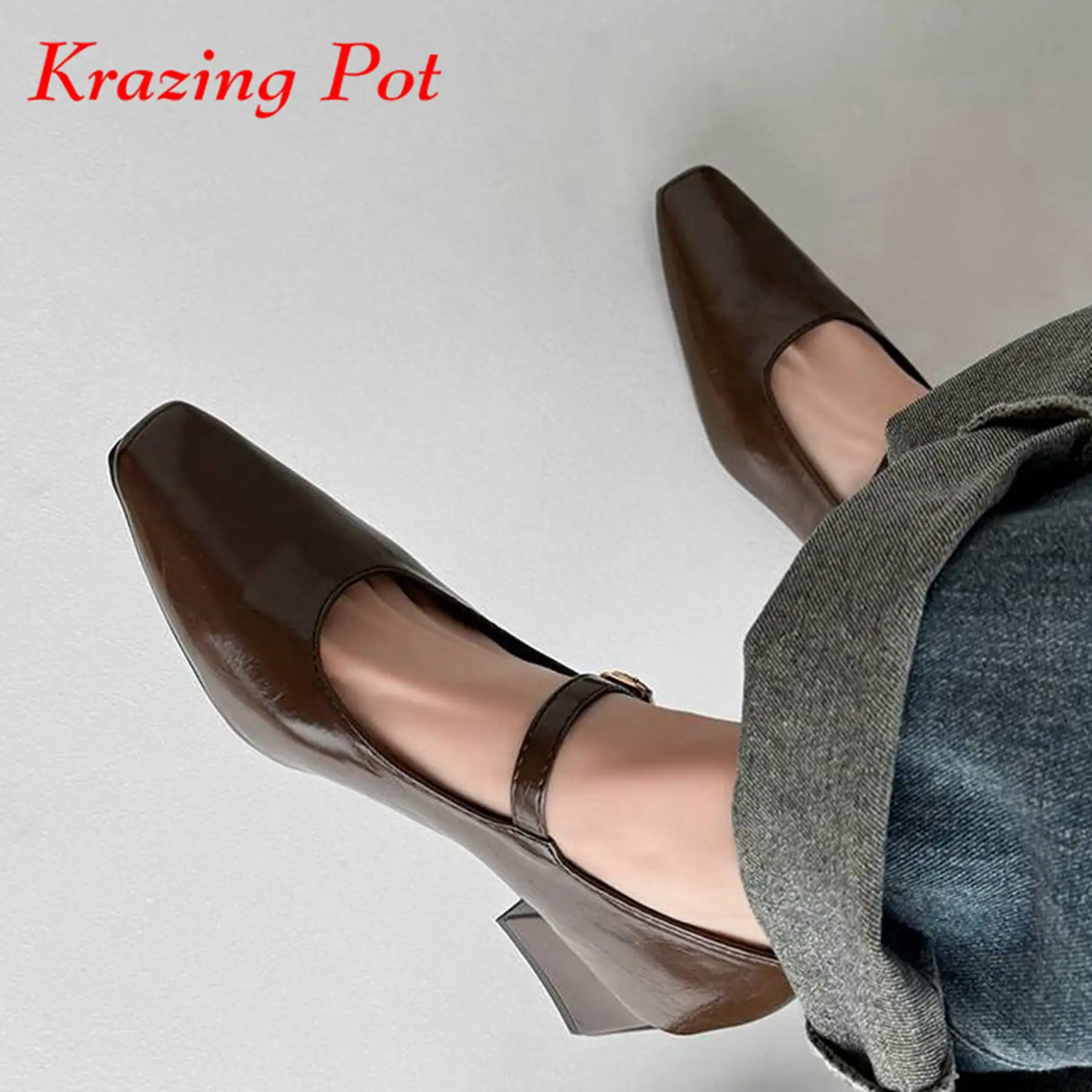 

Krazing Pot Cow Leather Thick Med Heels Spring Brand Beauty Lady Square Toe Brand High Quality Women Mary Janes Shallow Pumps