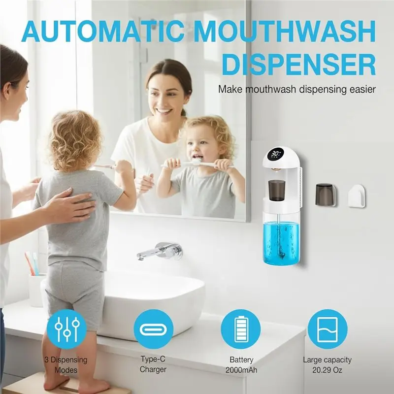 ABKS-Magnetic Cup Compatible Wall Mounted Mouthwash Dispenser-Automatic 20.29 Oz For Bathroom Version Black