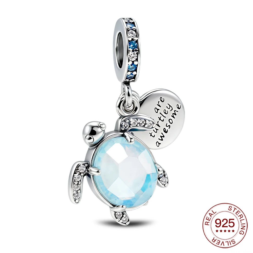 925 Sterling Silver Turtle Dangle Charm with Blue Opal