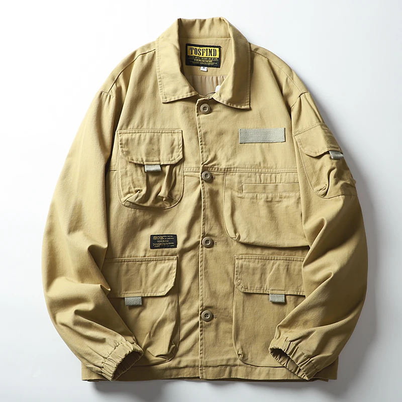 

Heavyweight Cotton Workwear Jaet Men's Loose Fit Retro Casual Collar Waed Multi-ket Outerwear Autumn Long Sve