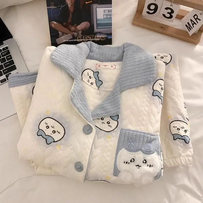 Ins New Chiikawa Cute Autumn and Winter Pajama Set Cartoon Hachiware Warm and Thickened Home Clothes Set Holiday Gift Toys