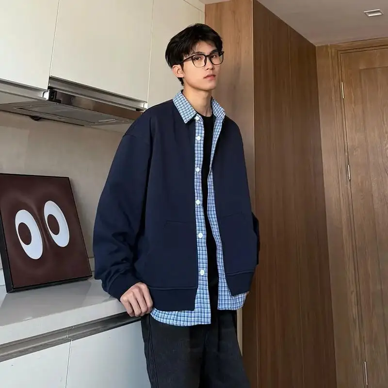 Fake Two-piece Sweatshirt Cardigan Coat Grid Splicing Boys Children Man Spring New Fashionable Comfortable Loose Casual
