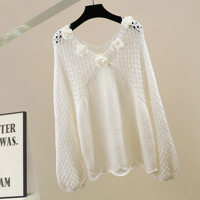 

Faionable Heavyweight Hollow Knitted Long Sve Sweater Design Sensual Loose Sexy Top Trendy 3D Flower Decoration V-ne W...