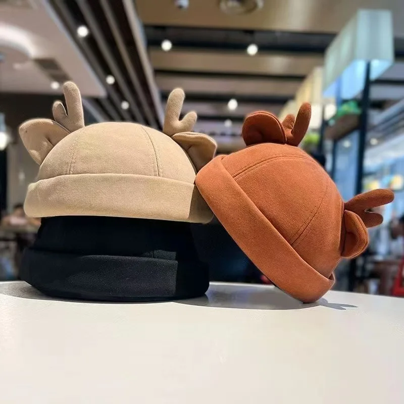 Gorros de cúpula con orejas de ciervo Unisex para hombre y mujer, gorros de melón a la moda, gorros coreanos de Color sólido para Otoño e Invierno, gorros de Hip Hop