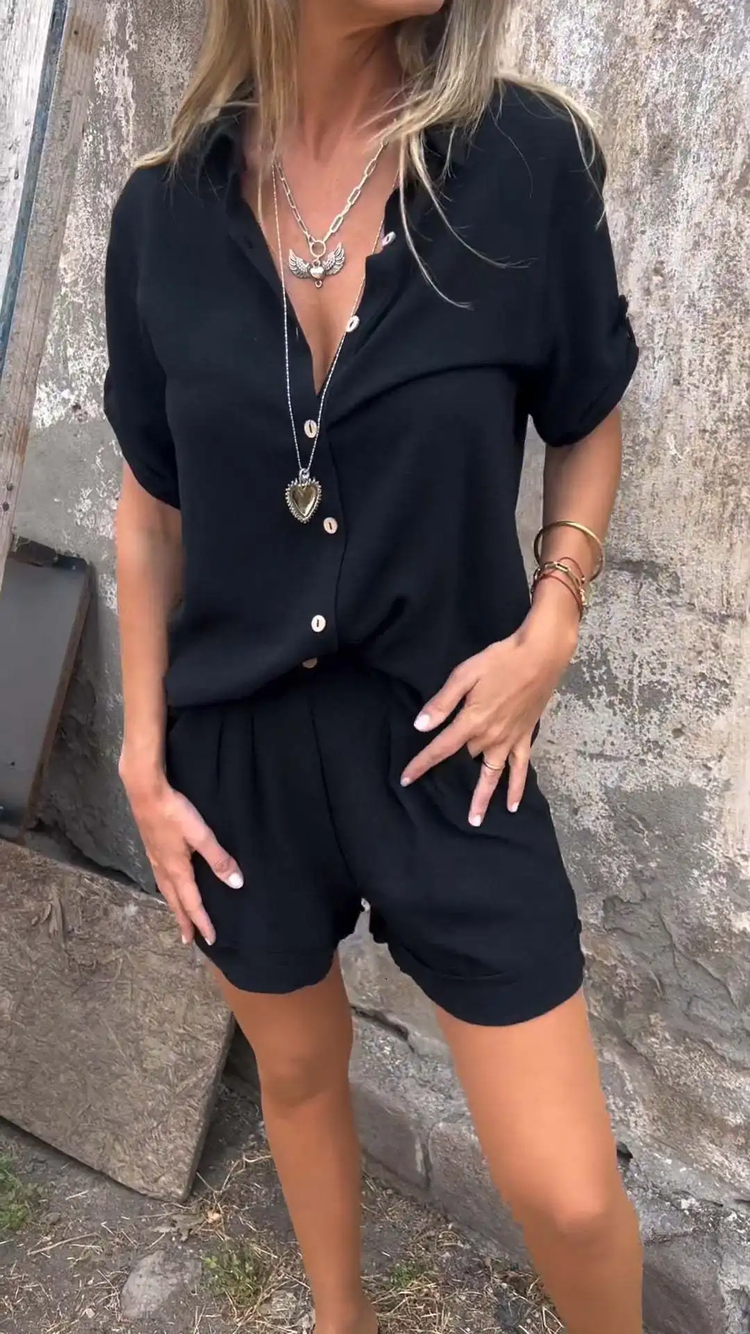 Casual Commuter 2 Piece Set Loose Lapel Half Sleeved Single Breasted Shirt High Waist Shorts Set Summer Fashion Solid Color Suit
