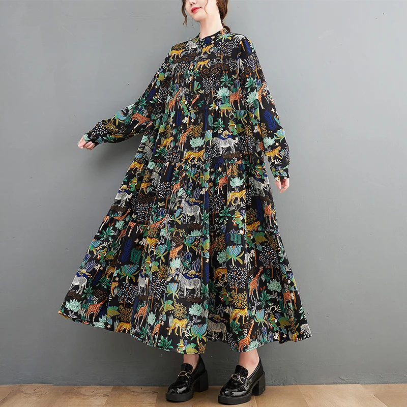 Fashionable Casual Printed Long Shirt Dress Women's plus Size Slimming Spring New Style City Walk Commute Large Swing Skirt