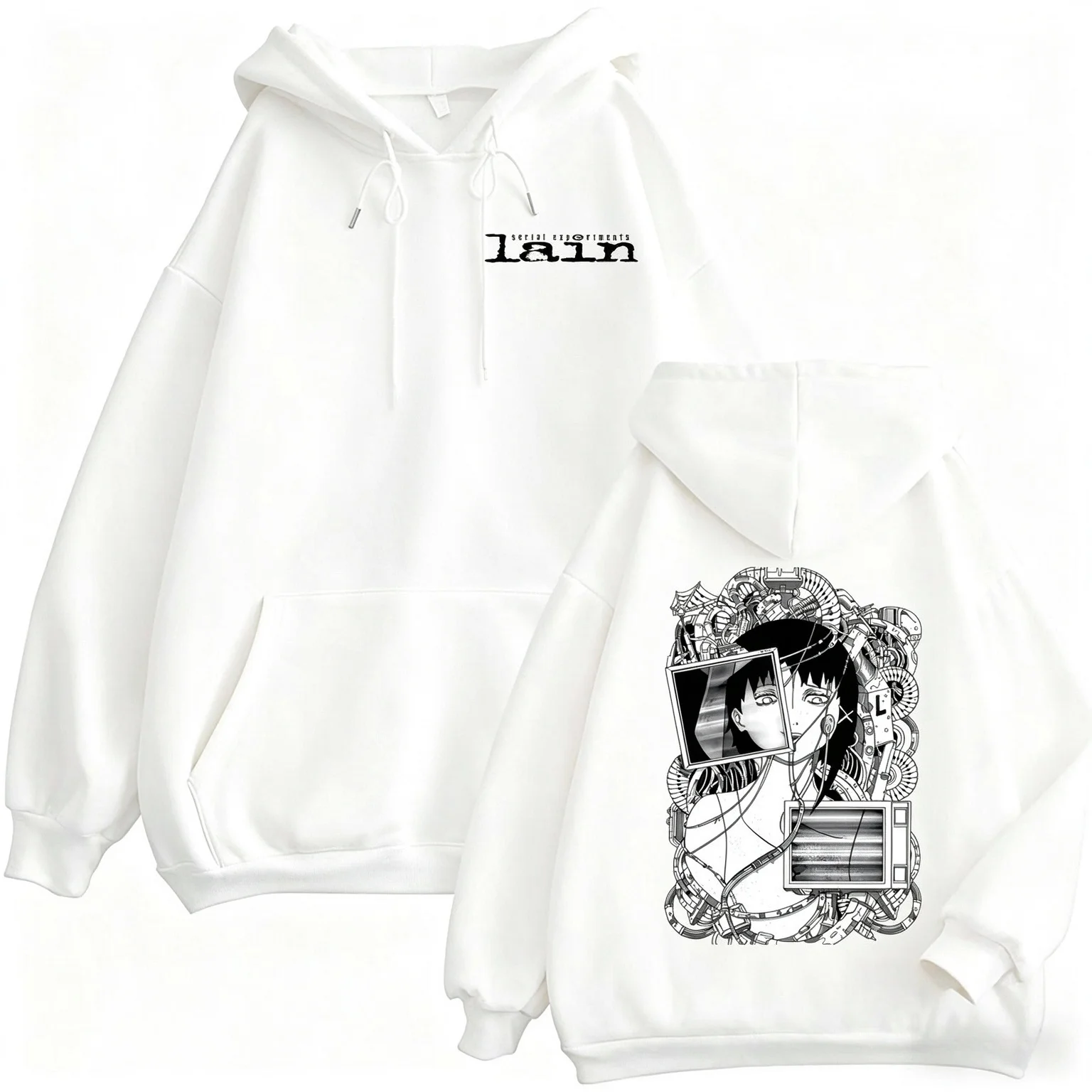 Serial Experiments Lain Hoodie Iwakura Lain Anime Print Pullover Unisex Casual Streetwear Fleece Hooded Sweatshirt Loose Tops