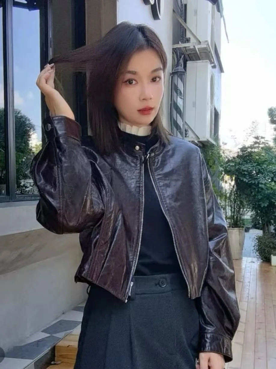 

2025 New Sle Women's Leather Biker Jaet ort Slim Fit Zipper Closure eepskin Coat Faionable Streetwear