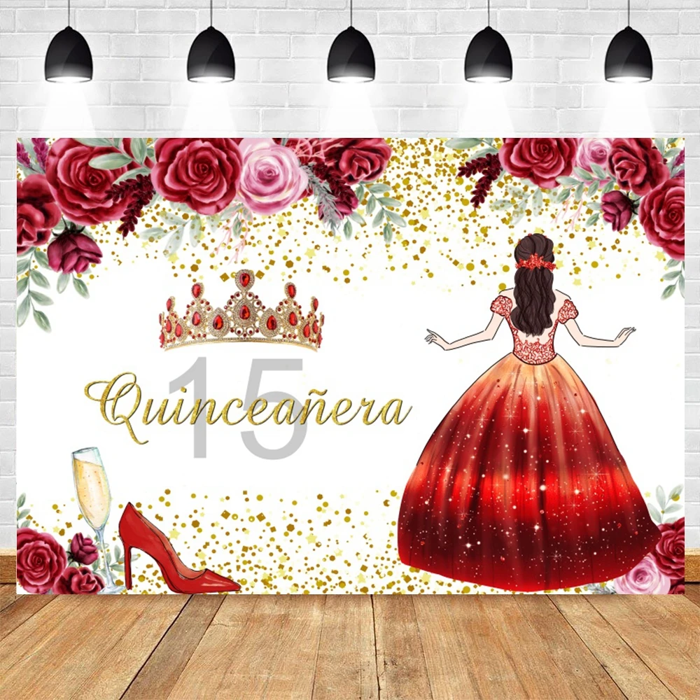 Sweet 15th Birthday Party Photography Backdrop Flower Quinceañera Princess Dress Girls Fifteen Years Old Custom Photo Background