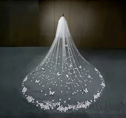 Long Lace Edge 3D Butterfly Floral Appliques Face-Covered Cathedral Bridal Veil With Comb velo de novi