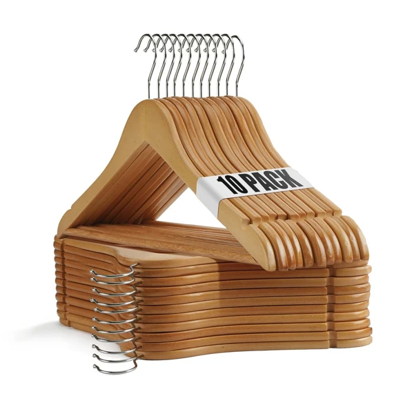 

10 Piece Set Commercial Grade Thick Wood Hangers With Anti Slip Grooves - A Must-Have For Luxury Wardrobes Made Of Silk,