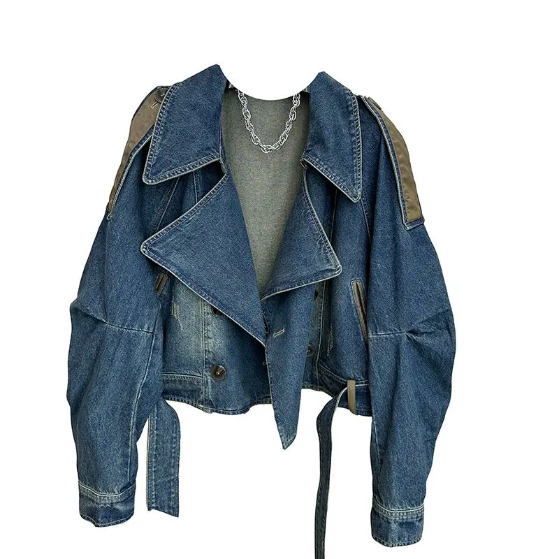 Vintage distressed patchwork denim jacket for women  Korean style loose fit vest with design sense and unique look