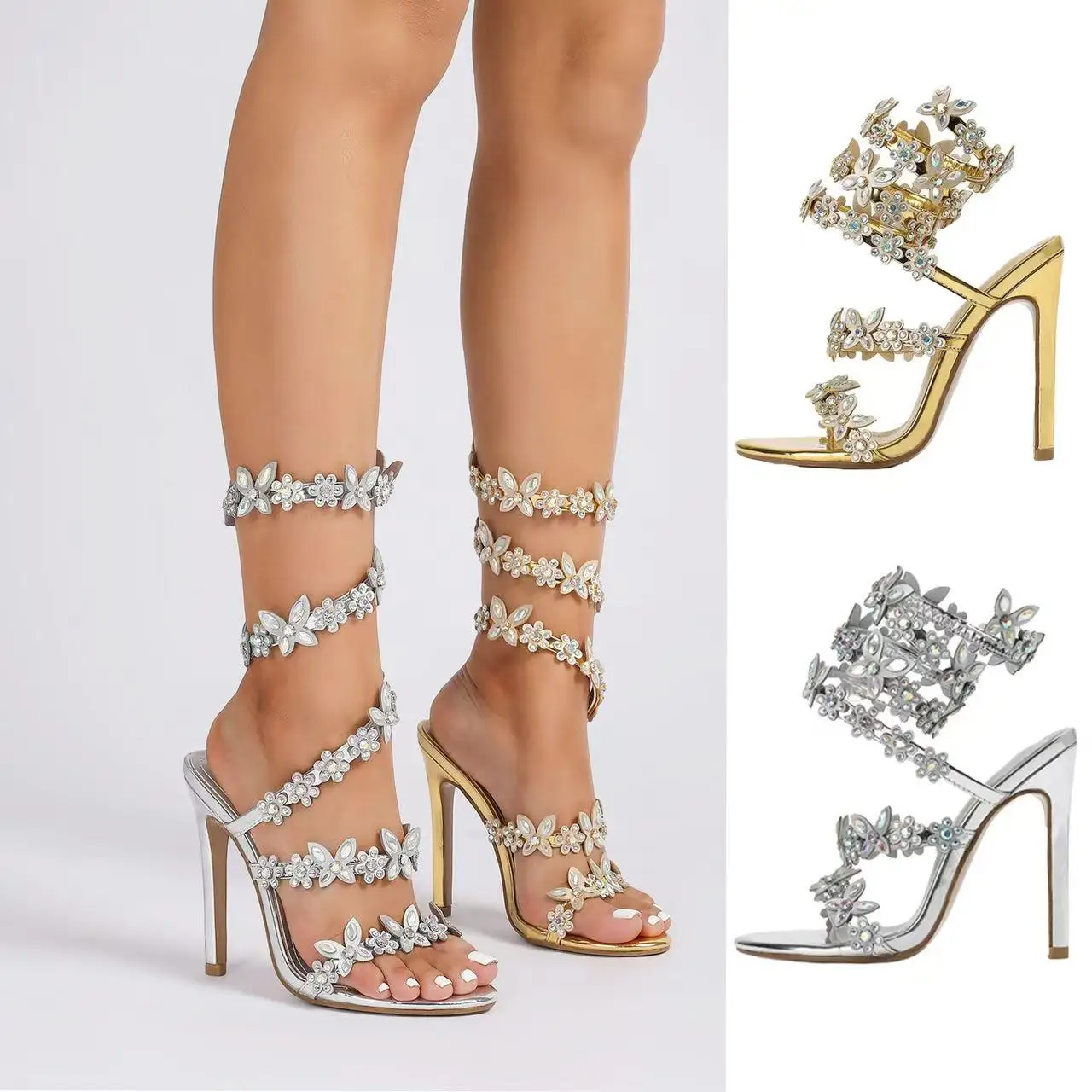 

Glitter Shiny Floral Diamond Women Sandals Snake Ankle Strap Pointed Toe High Heels Summer Sexy Shoes Wedding Party Bling Pumps