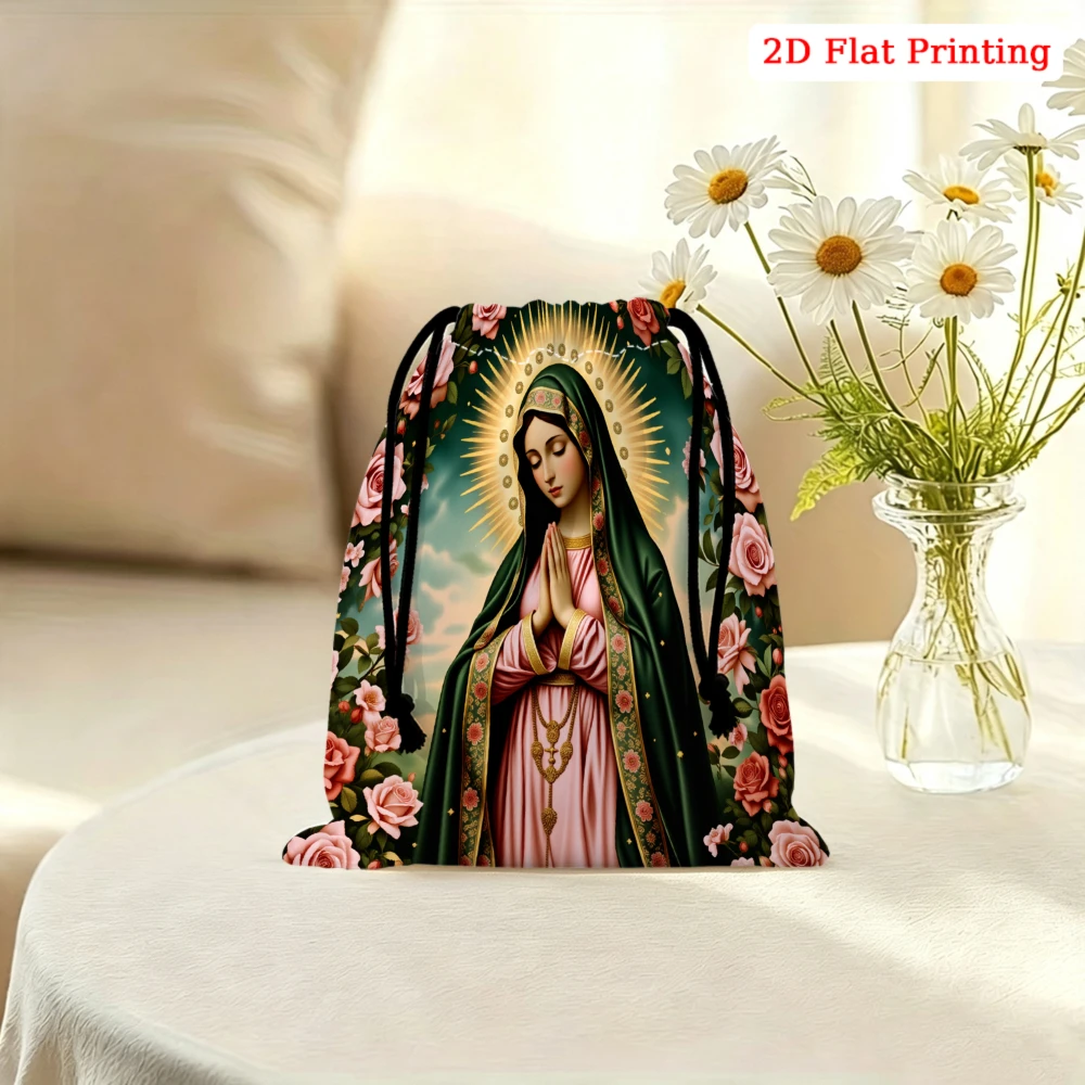 1Pc Religious Virgin Mary Floral Print Drawstring Bag Green Storage Small Pouch Travel Gym Cosmetic Organizer For Women Portable