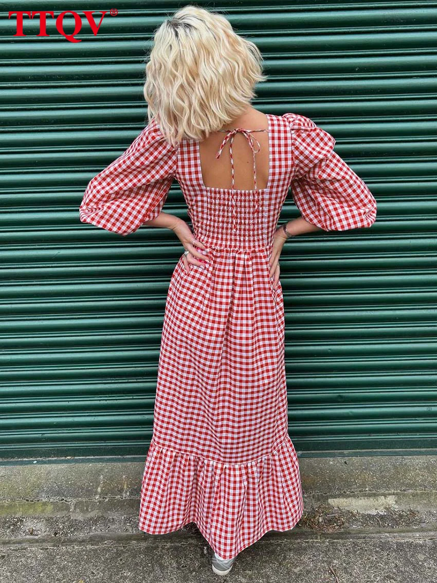 

TTQV Fashion Red Print Womens Dresses Elegant Square Neck Open Back Lace-Up Dresses Casual High Waist Ruffled Dress Streetwear