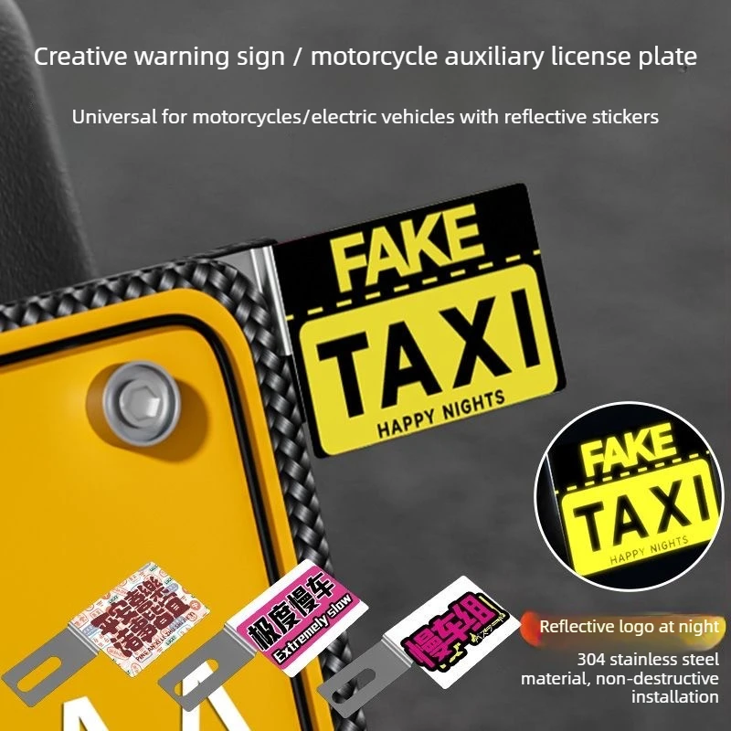 Creative Fake Taxi Reflective Motorcycle Auxiliary License Plate Stainless Steel Funny Warning Sign Decor Plate For Honda Yamaha