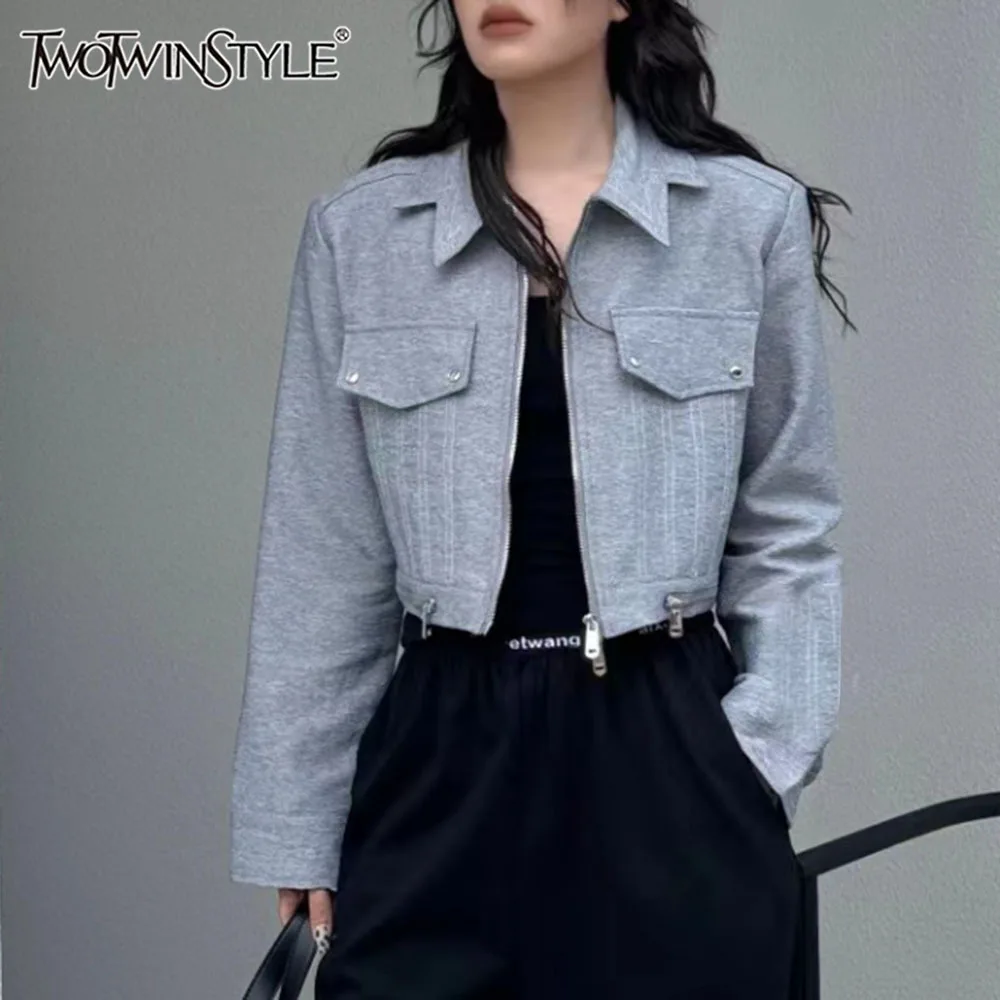 

TWOTWINSTYLE Colorblock Spliced Button Slimming Jackets For Women Lapel Long Sleeve Temperament Minimalist Short Coat Female New