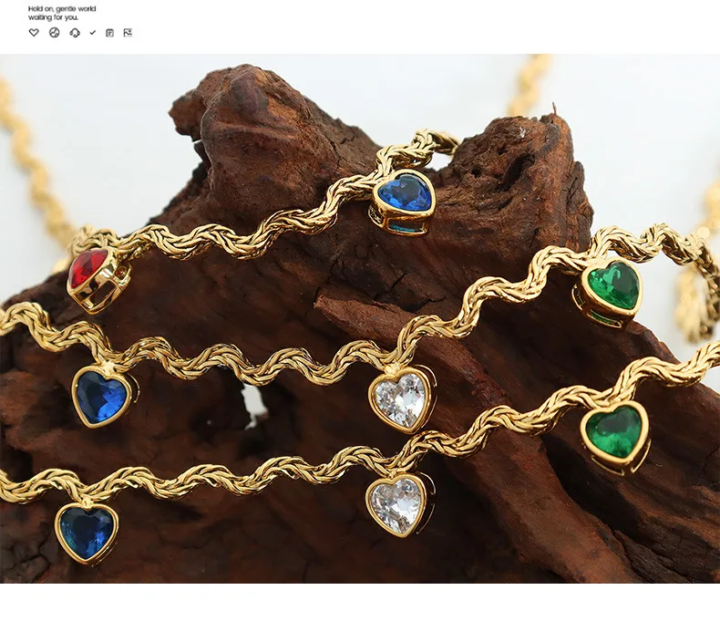 Mode Bunte Zirkonia Herz Anhänger Halskette Frauen 316 Edelstahl Vergoldet Dame Wasserdicht Schmuck Zubehör Geschenk – Detail 7