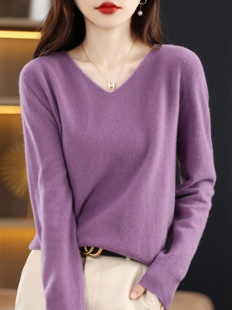 2024 Autumn Winter Women 100% Merino Wool Sweater Casual Basics V-Neck Knitted Pullover Solid Soft Cashmere Clothing Tops