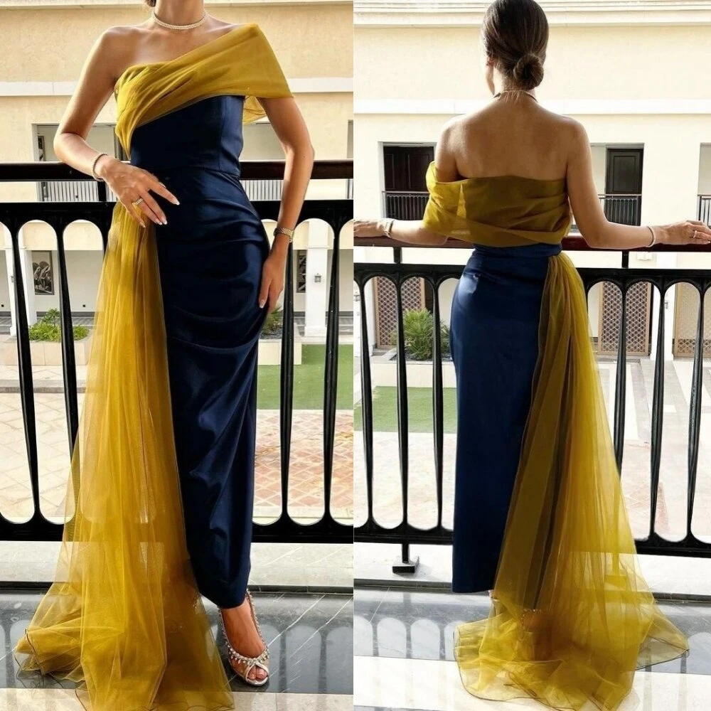 

Elegant One Shoulder Mermaid Satin Formal Prom Dresses Tulle Floor-Length Women Evening Party Dress فساتين السهرة