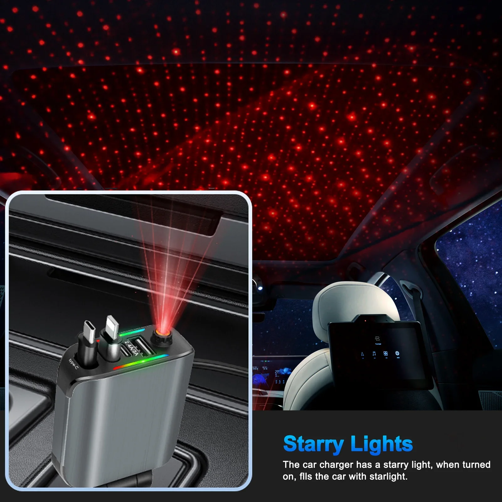 

Автомобильное зарядное устройство 12-24 В 4 в 1 с выдвижным кабелем Атмосферная лампа Звездный верхний свет Адаптер 120 Вт Автомобильное зарядное устройство для телефона Порты USB Type-C