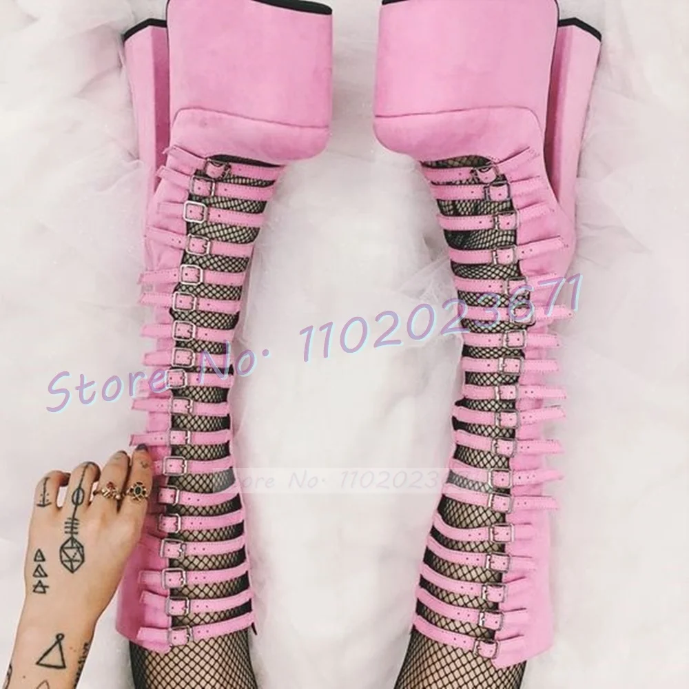 Pink Strappy Platform Boots Women Spring Cut-out Round Toe High Chunky Heels Shoes Lovely Female Multi Buckles Knee High Boots