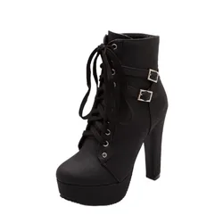 QPLYXCO New Super Big &small Size 30-50 Autumn Winter Ankle Boots Women's Lace Up High Heel(12CM) Short Platform Boots C-3