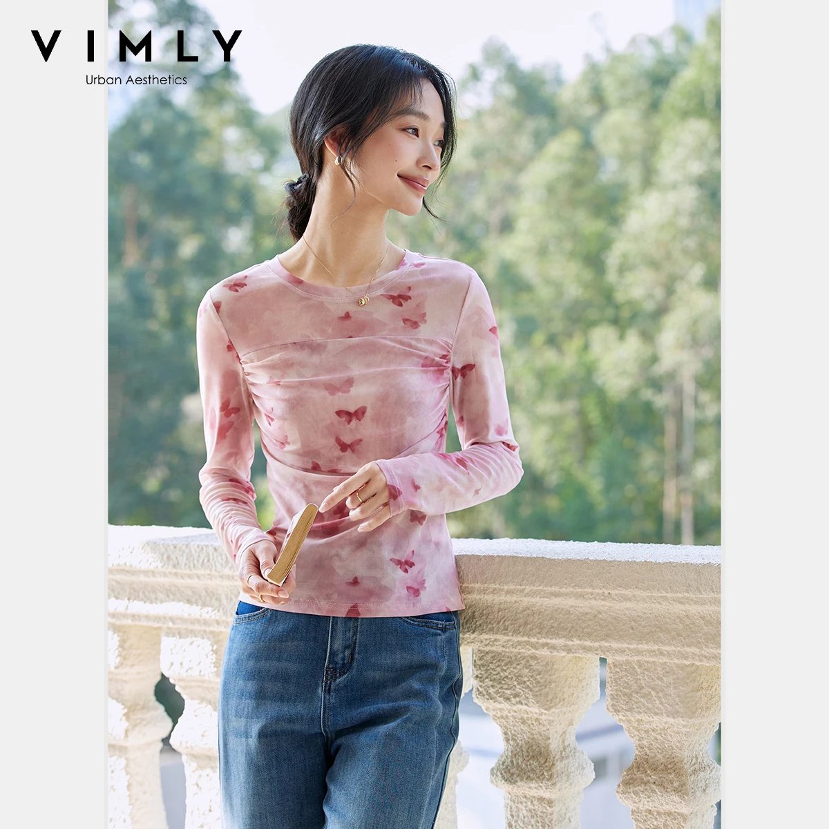 

Женские топы VIMLY, 2025 г., повседневные осенние футболки с круглым вырезом и градиентом, марлевые женские футболки с длинными рукавами и принтом буфера A0382