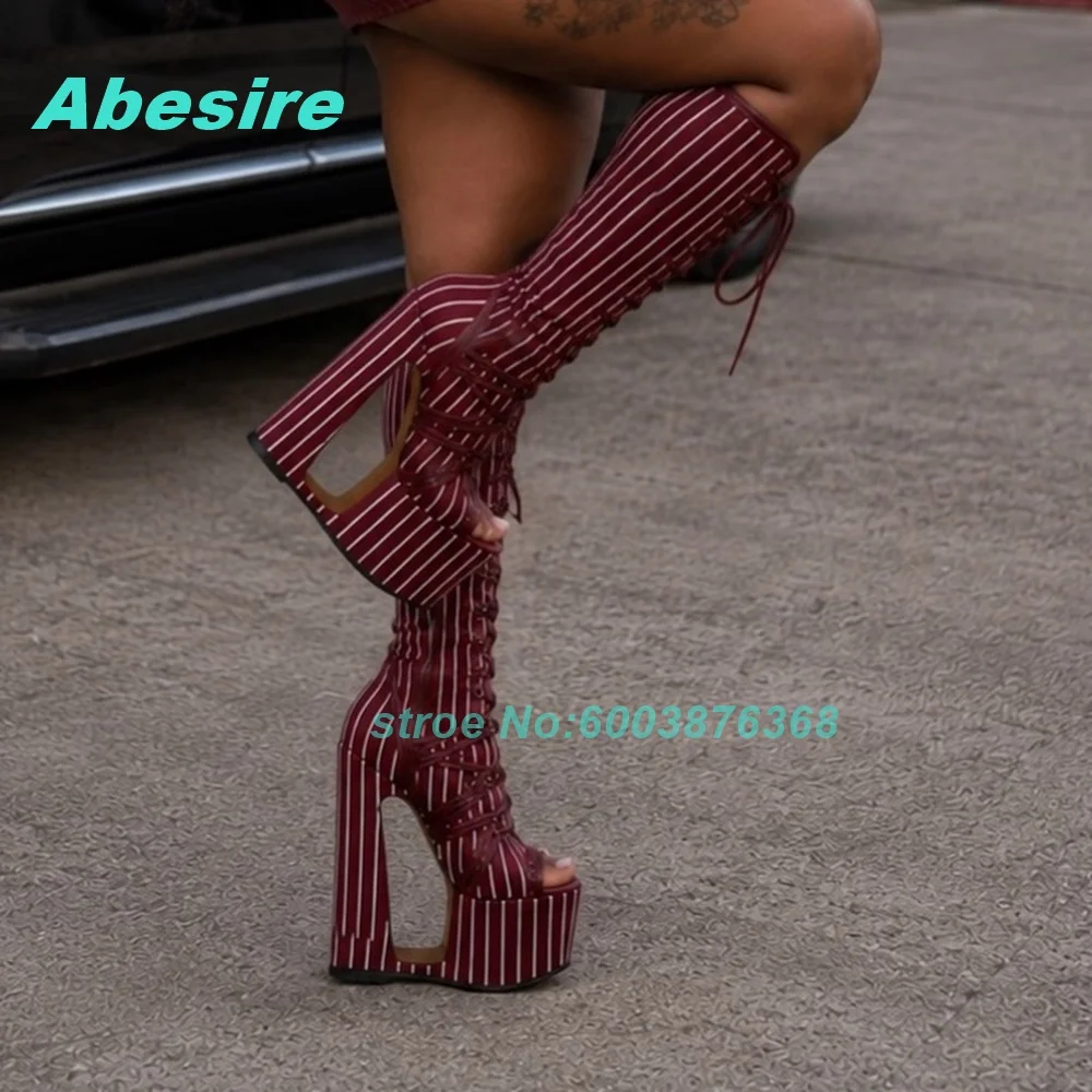 Burgundy White Striped Platform Knee High Boots Cutout Block Heel Lace Up Peep Toe Boots Spicy Girls Nightclub Party Stage Shoes