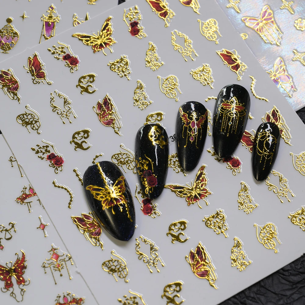 

1Pcs 5D Bronzing Tassel Butterfly Nail Art Stickers Retro Lotus,Folding Fan Adhesive Nail Decals Tassels Charm Manicure Decor 1&