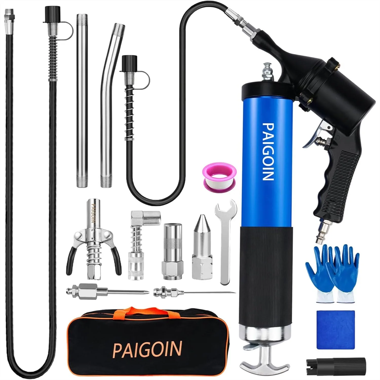 

Pneumatic Grease Gun Kit 6000 PSI Heavy Duty 14 OZ with 19" & 28" Spring Flex Hose for Auto and Machinery