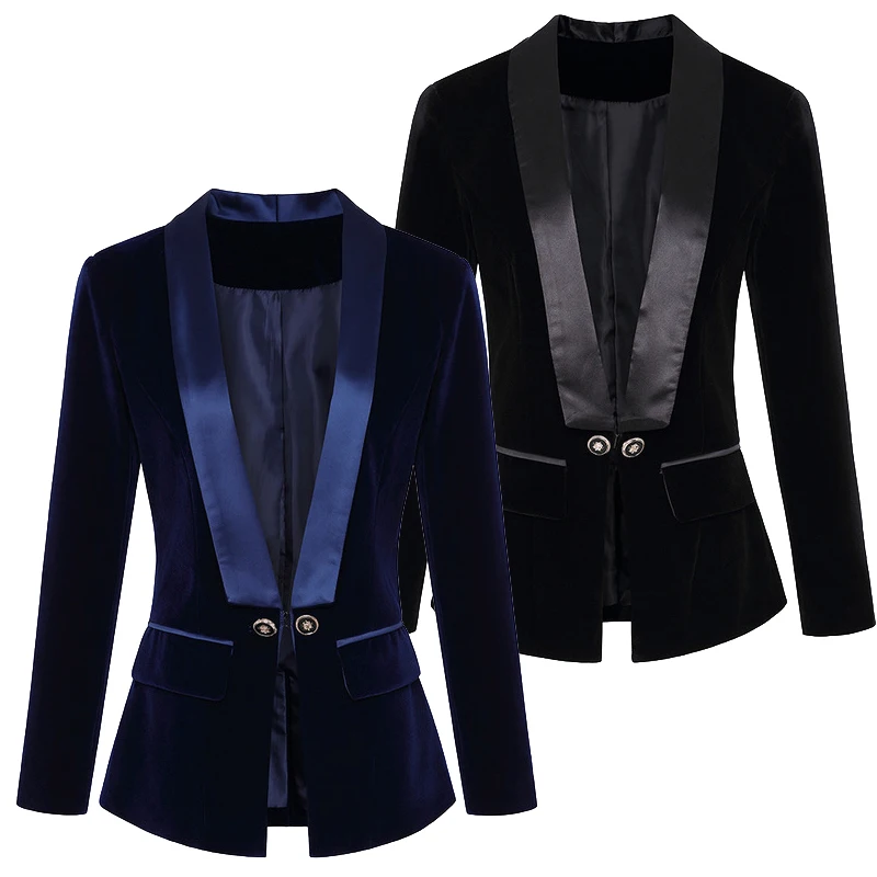 

Women Spring Autumn Brief Design Single Buttons Suit Jackets Black Blue Velvet Elegant Slim V-neck Blazers Female Commute Coat