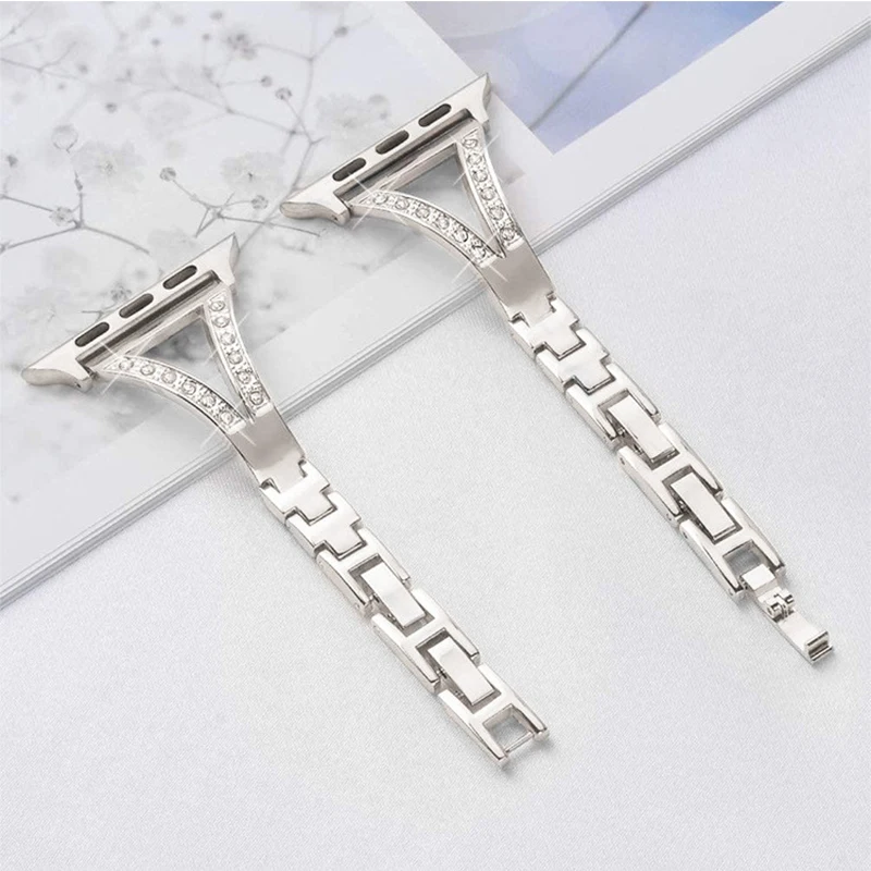 Luxury Diamond Metal Strap for Apple Watch Ultra 49mm 45 38 40 41 42 44mm Stainless Steel Chain Bracelet for iWatch 9 8 SE 7 6 5