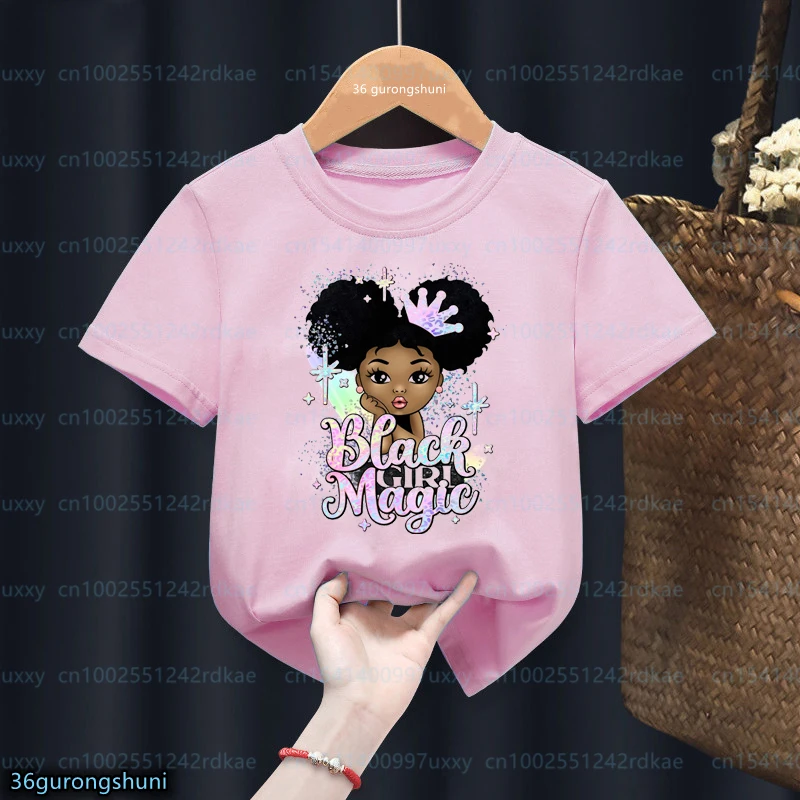 Black Girl Magic Afro Princess, Afro Puff Hair Happy Birthday Girls T-Shirt Unicorn Black Girls Birthday Tshirt Pink tops 1-12y