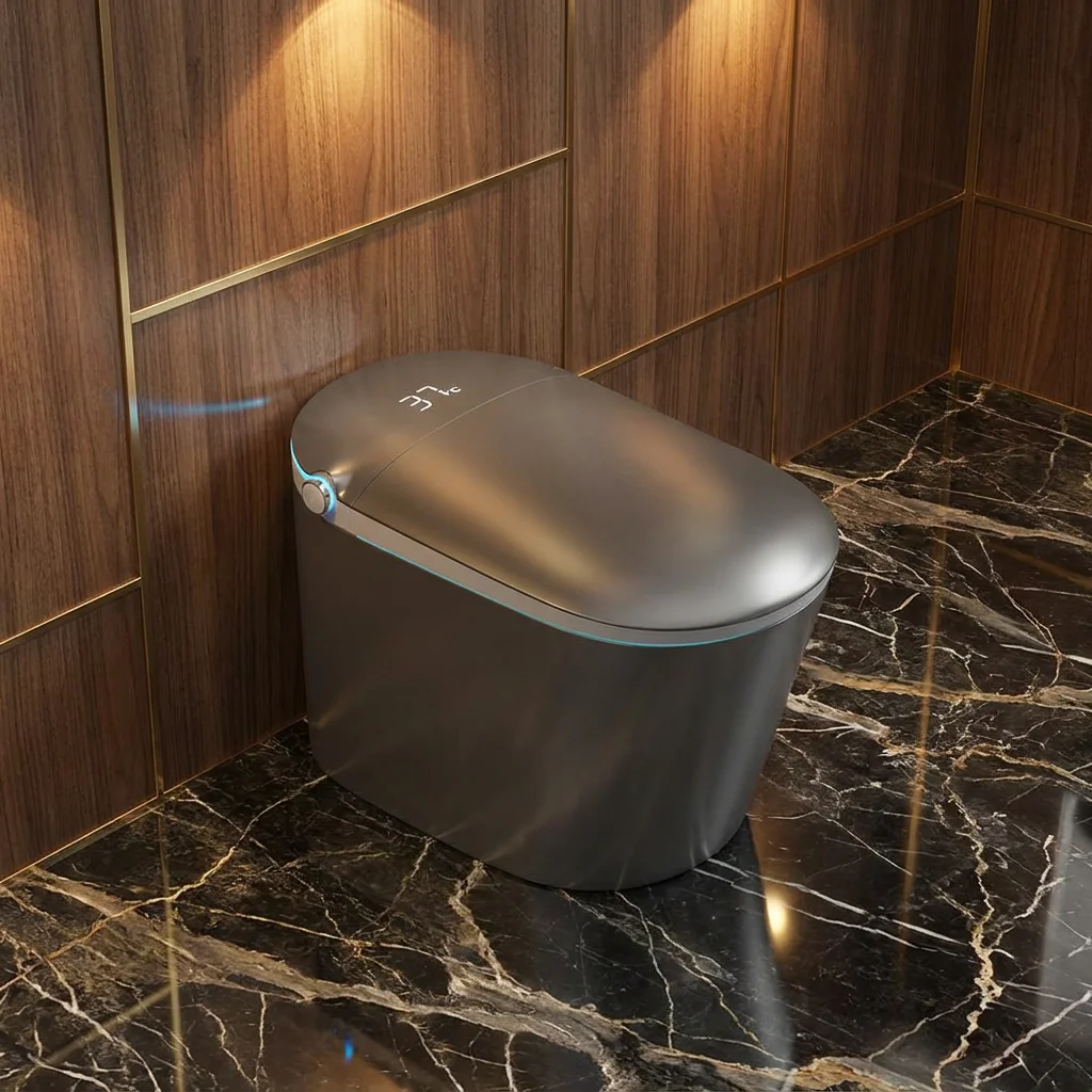 

Hotel Bathroom Gray Smart Toilet With Remote Control And S-trap Heated Seat Floor Mounted For Villa Master Bedroom