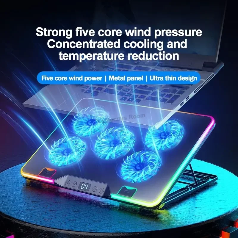 F36 7 Angle Adjustable Gaming Laptop Cooling Pad for 11-17.3'' 5 Fan Notebook Cooler Stand 2 USB Ports LED Screen Laptop Bracket