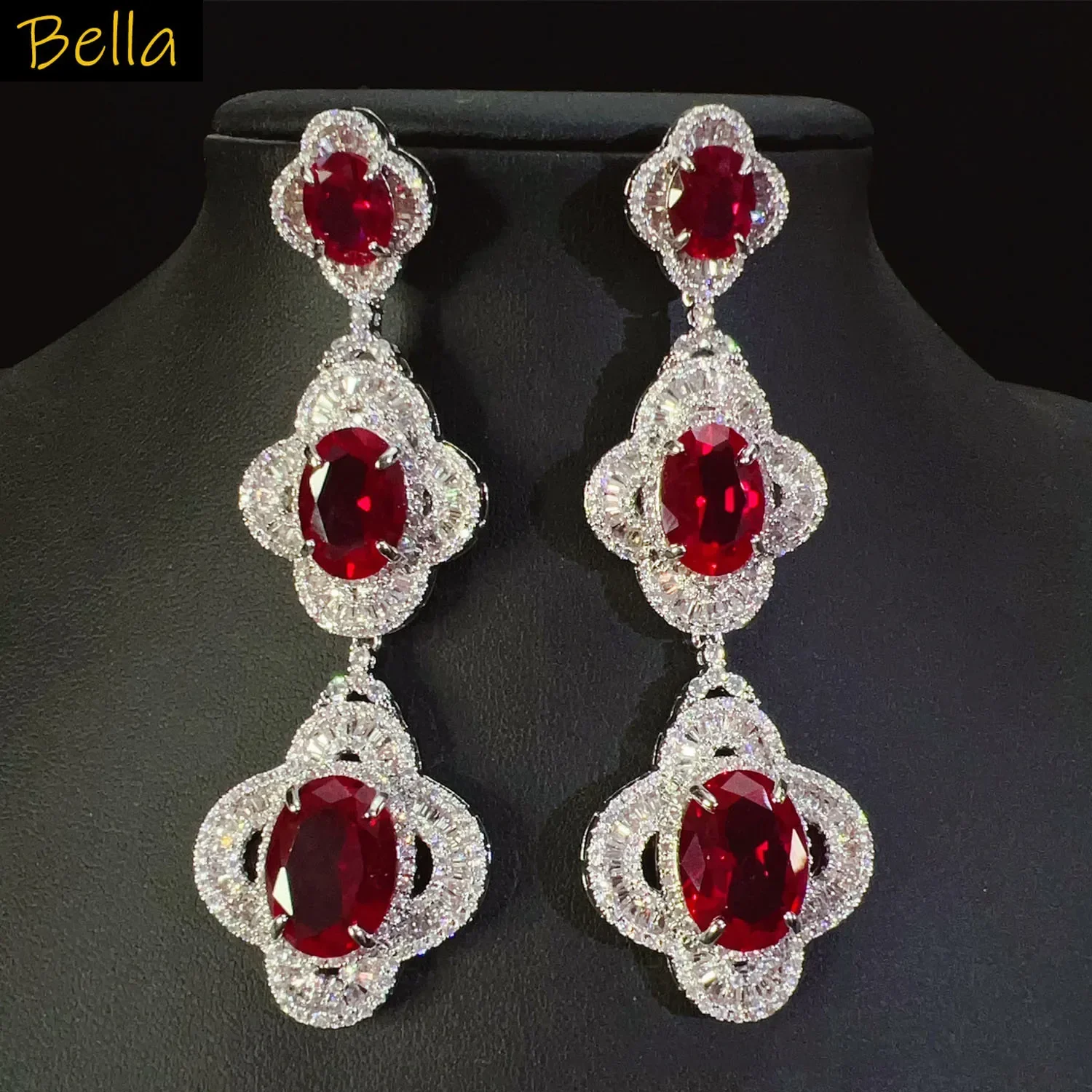 

Classy Earrings Wedding Bride Luxury Jewelry Shiny Zircon Pink Red Green White Flower Pendant Earrings Long Large Vintage