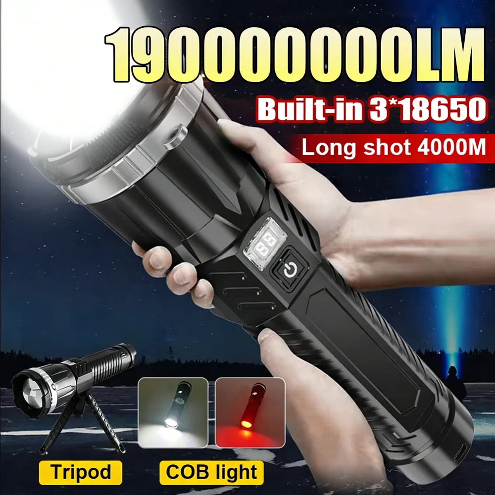 

19000000LM Супер мощный фонарик, встроенный 3*18650, мощный фонарик, перезаряжаемый светодиодный светильник, большая диафрагма, фонарь COB для кемпинга