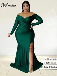 Wmstar Plus Size Party Dresses for Women Off Shoulder V Neck Slip Hem Elegant Birthday Outfit Maxi Dress Wholesale Dropshipping